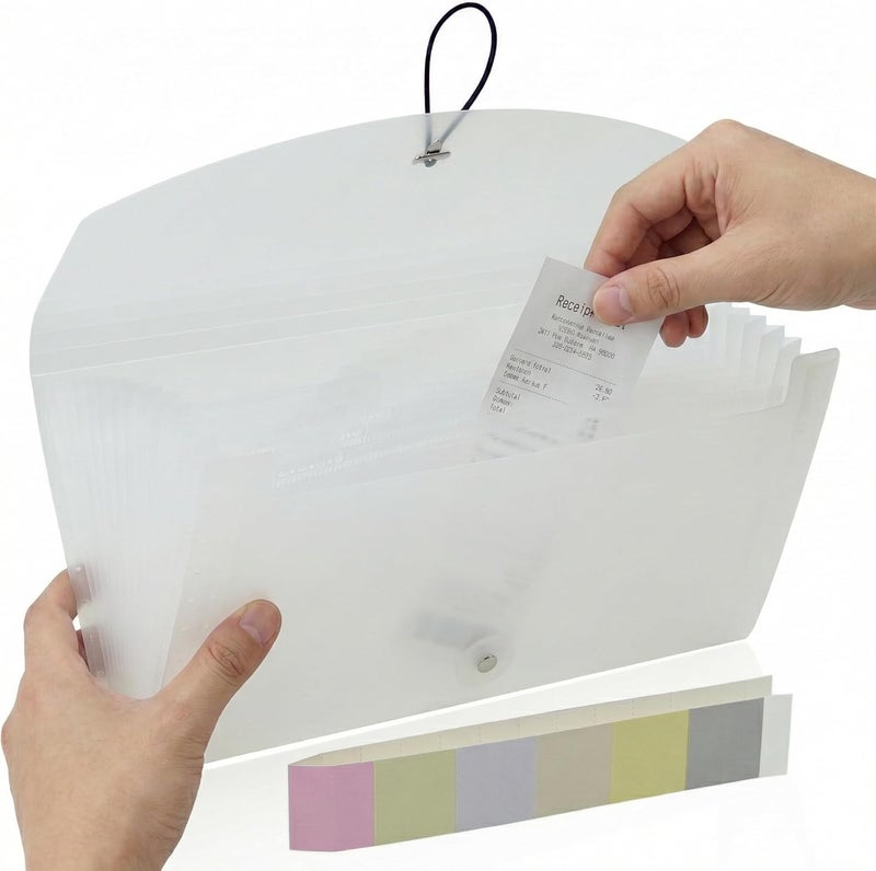 Gtheimn Portable 13-Pocket Receipt & Coupon Organizer, Small Expanding Accordion File Folder with Labels, Long Ticket Size Holder for Bills, Checks, and Travel Documents (10.2" x 5.5"), White - Image 1